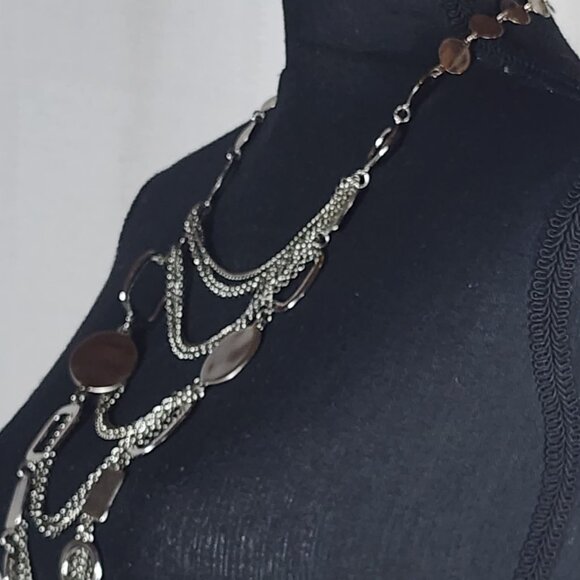 Chico's Vtg Sliver Tone Circle Square Chunky Layered Bib Statement 19" Necklace - Picture 9 of 16